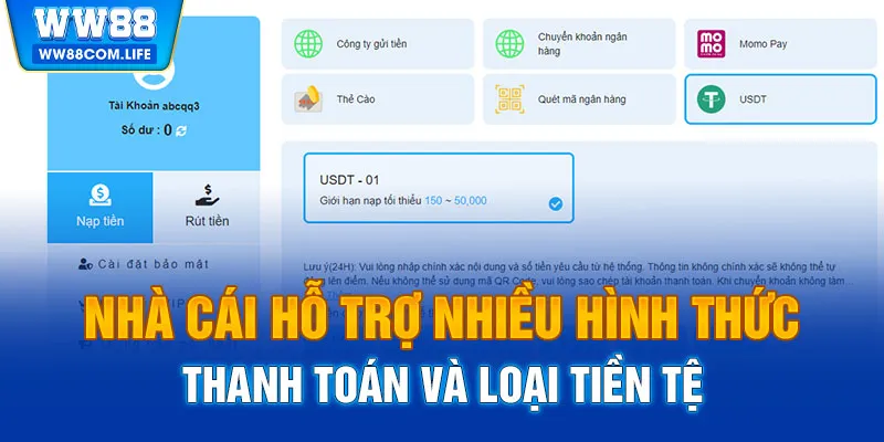 Nhà cái hỗ trợ nhiều hình thức thanh toán và loại tiền tệ